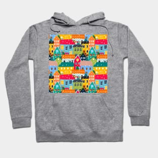 Bold city houses illustration, snowing in the town Hoodie